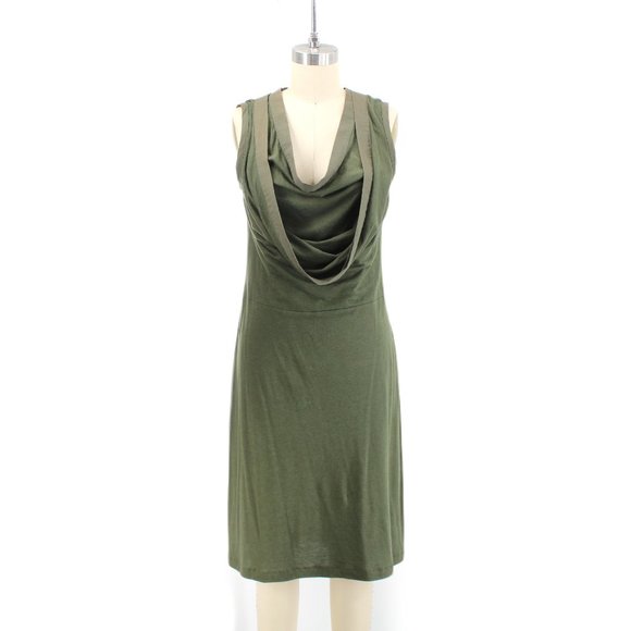 Gary Graham Green Knit Dress SZ 6 Wool Cotton Sleeveless Cowl Neck Layered Shift - Picture 3 of 12